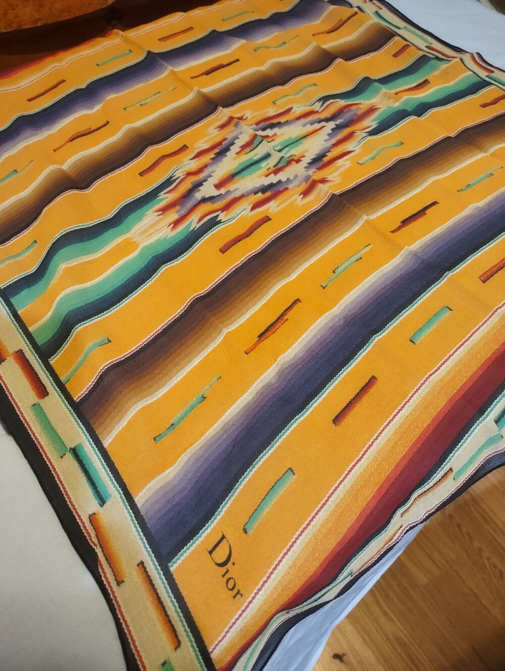 Vintage Dior silk scarf vibrant orange and multicolored geometric Aztec Design